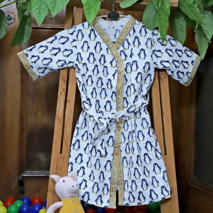 ARUSHII Cotton Unisex Bathrobe for Kids -Penguin – Handblocked by artisans