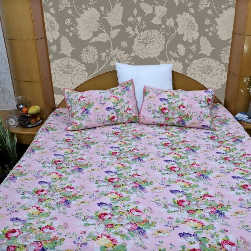 ARUSHII Premium quilted reversible bedcover in fine mulmul cotton – Pink Blossom -Handblocked by artisans