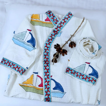 ARUSHII Cotton Unisex Bathrobe for Kids – Boat -Handblocked by artisans