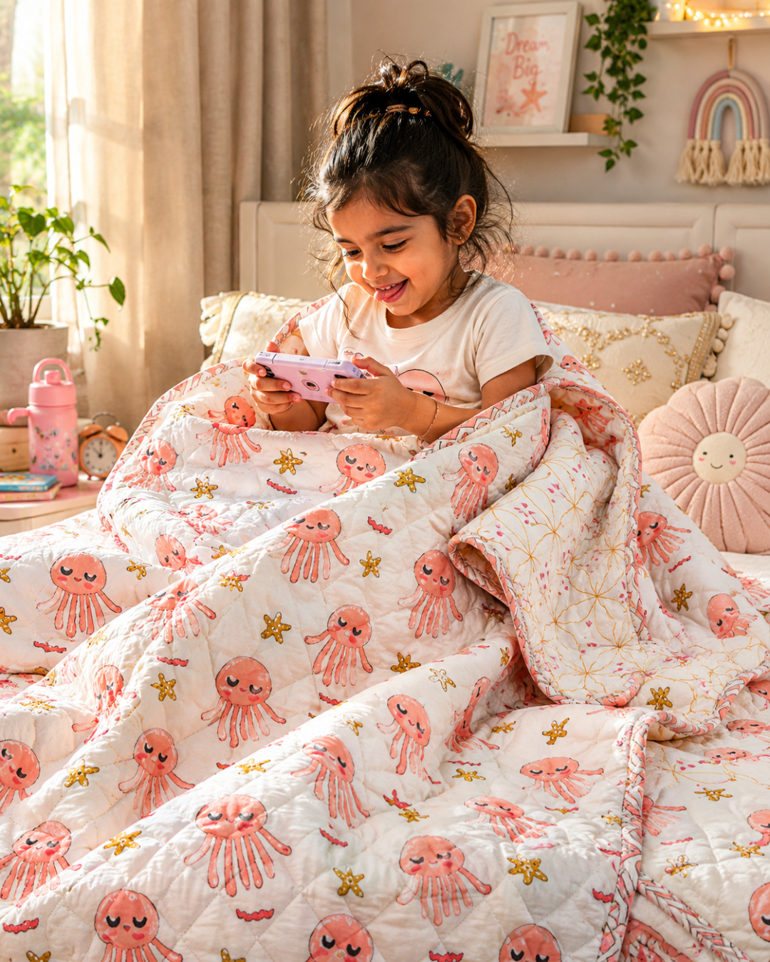 ARUSHII Cotton Reversible Kids Razai/ Quilt – OCTOPUS– Handblocked by artisans