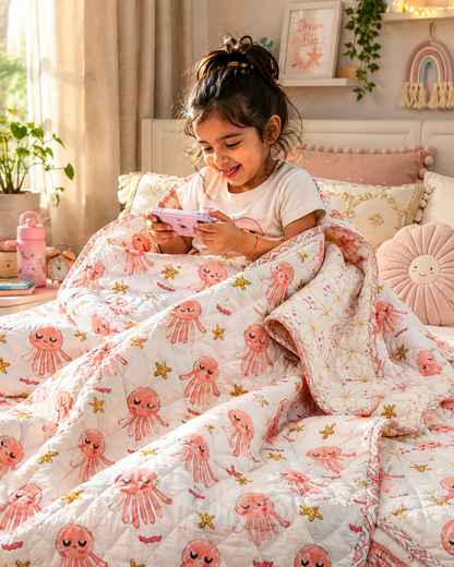 ARUSHII Cotton Reversible Kids Razai/ Quilt – OCTOPUS– Handblocked by artisans