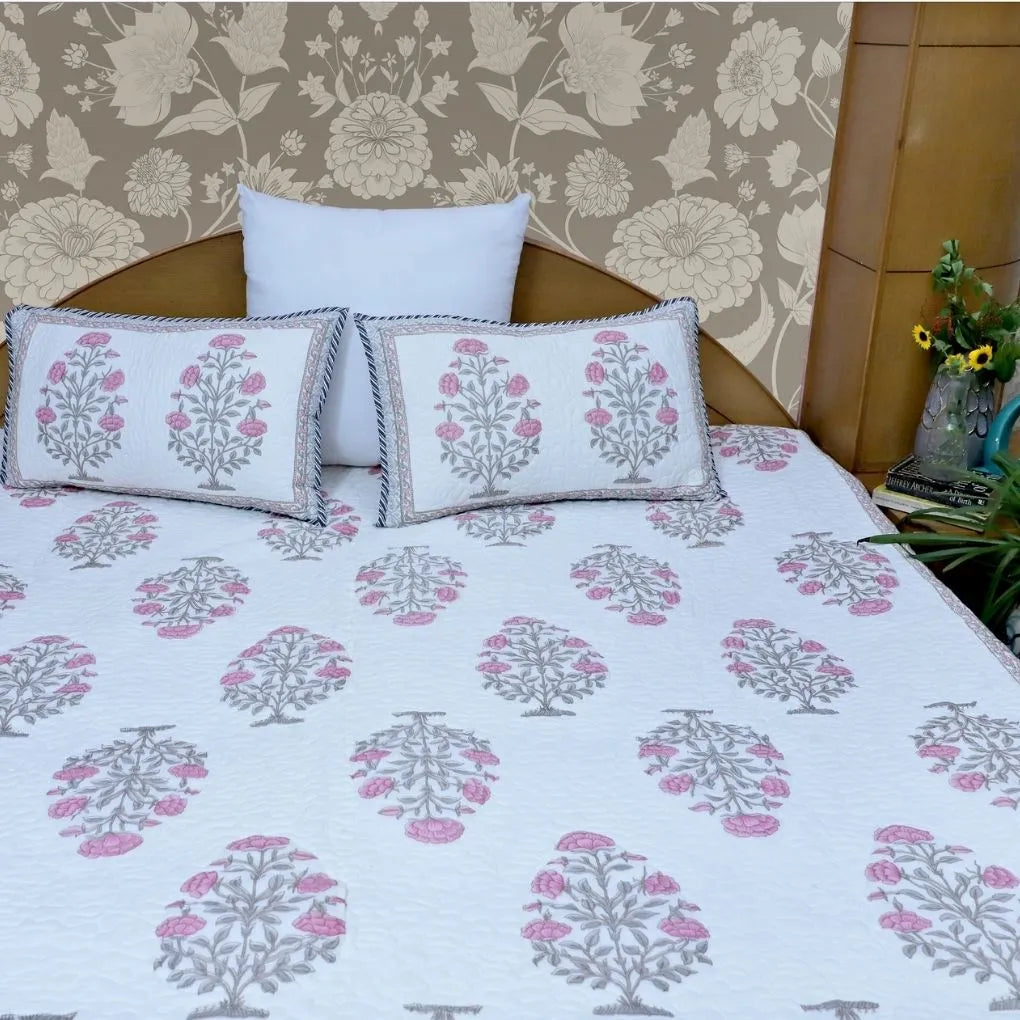 ARUSHII Premium quilted reversible bedcover in fine mulmul cotton – Ramgarh-Handblocked by artisans