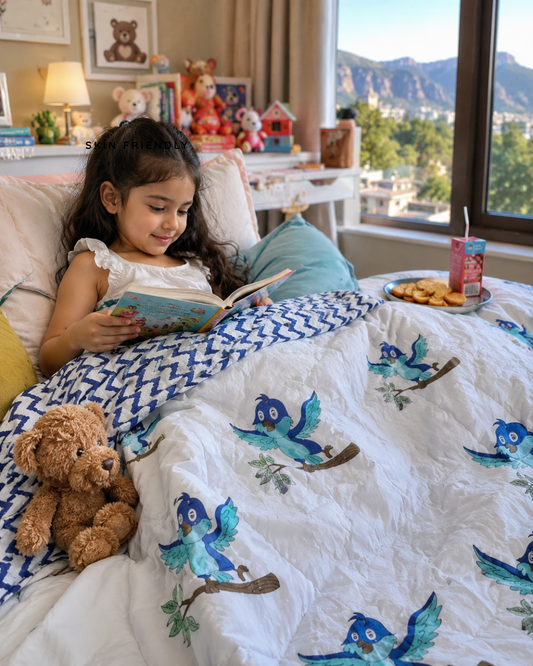 ARUSHII Cotton Reversible Kids Razai/ Quilt – Birdie – Handblocked by artisans