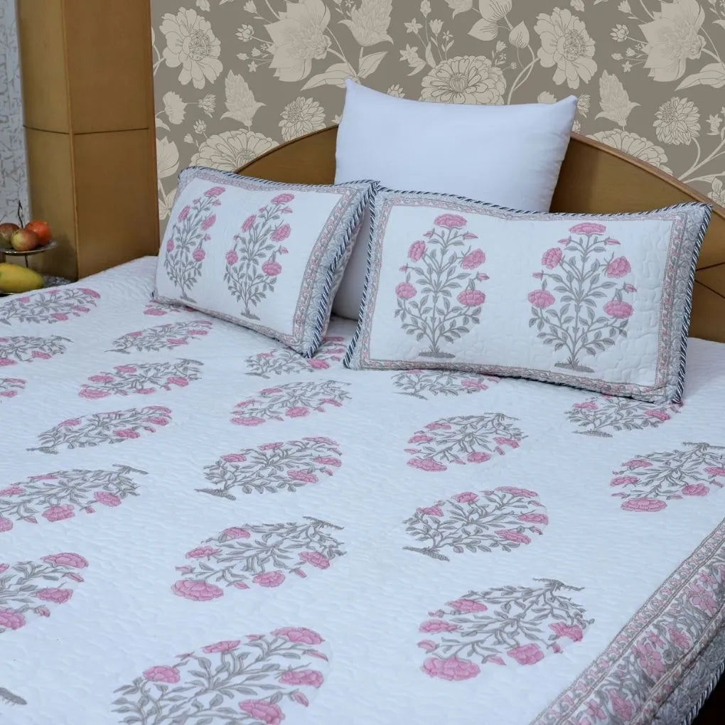 ARUSHII Premium quilted reversible bedcover in fine mulmul cotton – Ramgarh-Handblocked by artisans