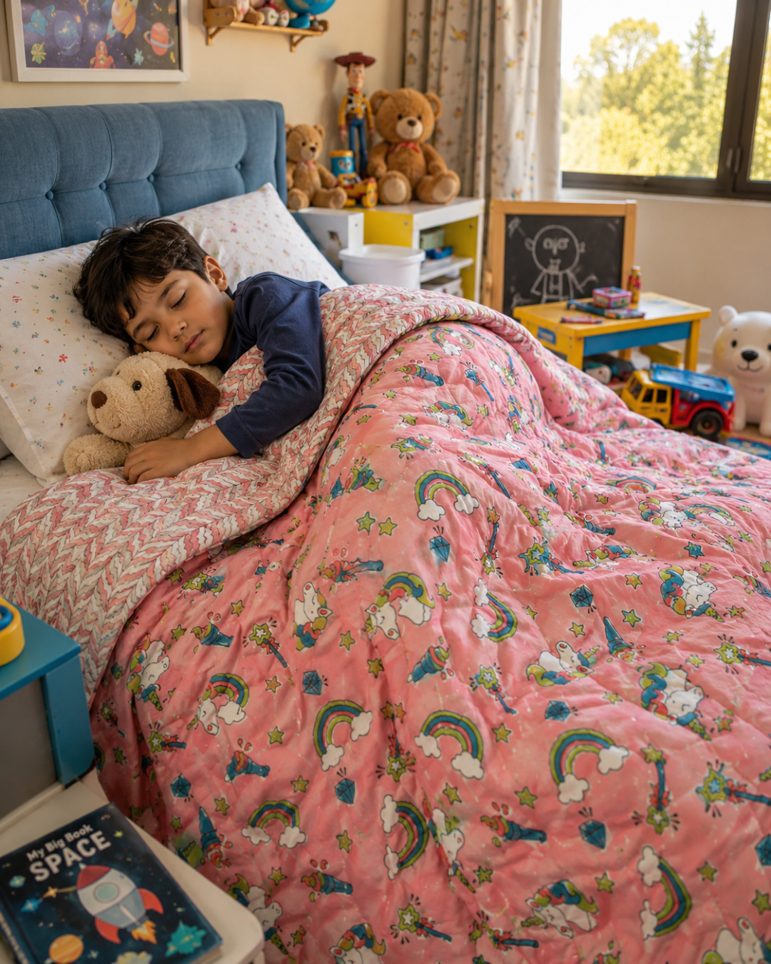 ARUSHII Cotton Reversible Kids Razai/ Quilt – UNICORN– Handblocked by artisans