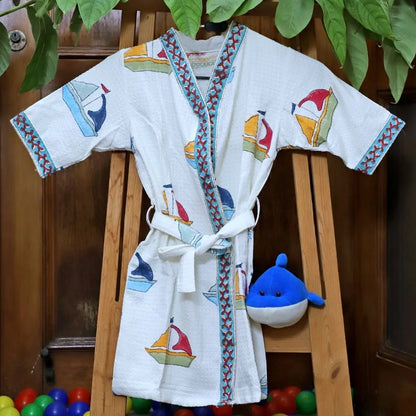 ARUSHII Cotton Unisex Bathrobe for Kids – Boat -Handblocked by artisans