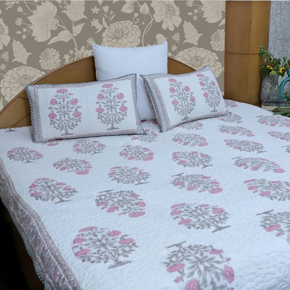 ARUSHII Premium quilted reversible bedcover in fine mulmul cotton – Ramgarh-Handblocked by artisans