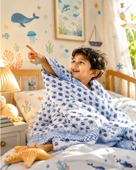 ARUSHII Cotton Reversible Kids Razai/ Quilt – Turtle- Handblocked by artisans