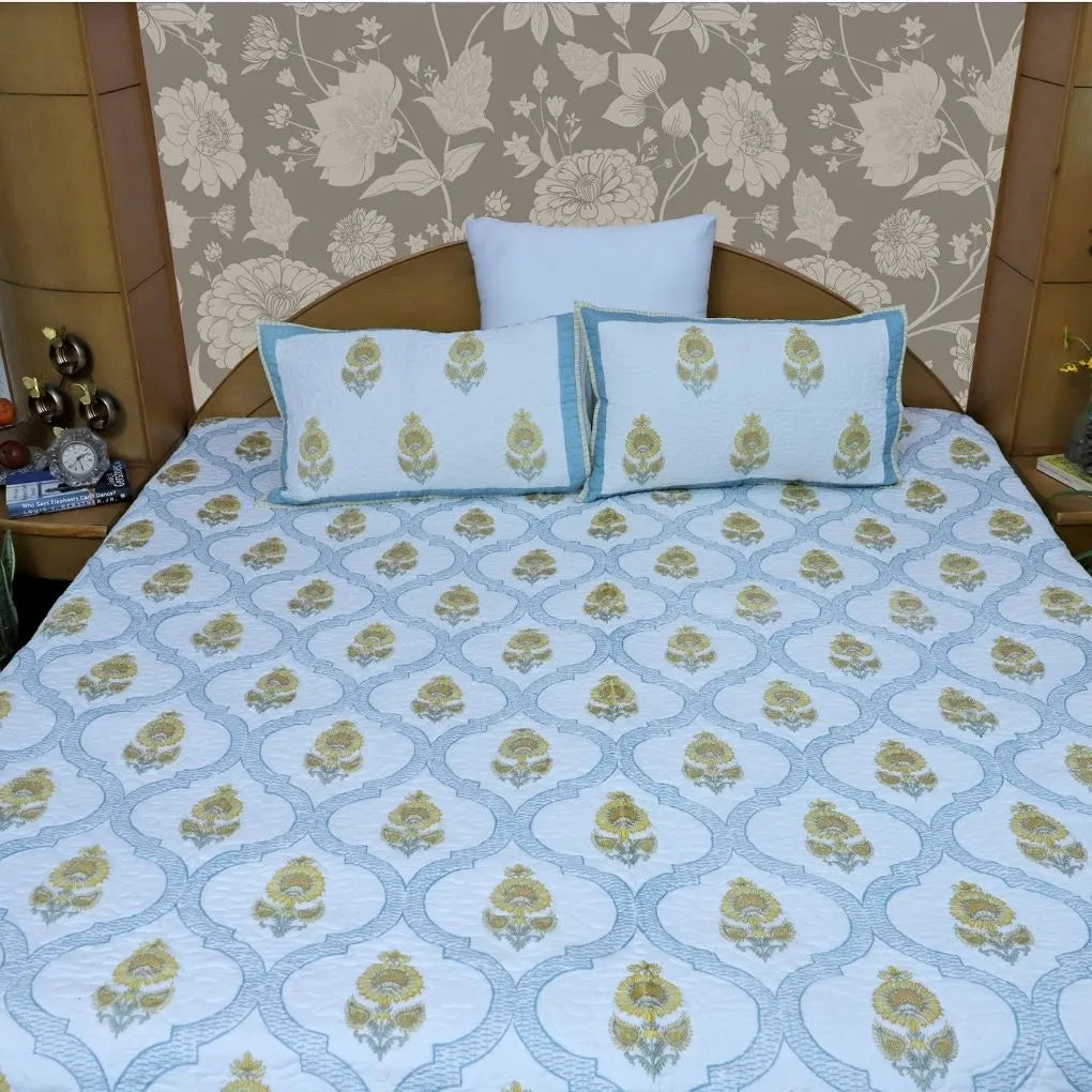 ARUSHII Premium quilted reversible bedcover in fine mulmul cotton – Sheesh mahal -Handblocked by artisans