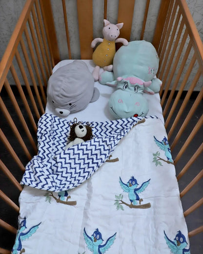 ARUSHII Cotton Reversible Kids Razai/ Quilt – Birdie – Handblocked by artisans