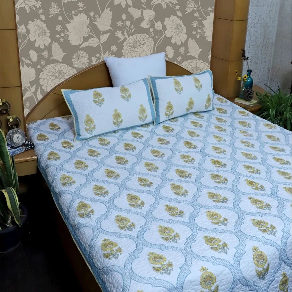 ARUSHII Premium quilted reversible bedcover in fine mulmul cotton – Sheesh mahal -Handblocked by artisans