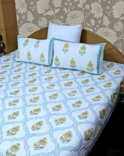 ARUSHII Premium quilted reversible bedcover in fine mulmul cotton – Sheesh mahal -Handblocked by artisans