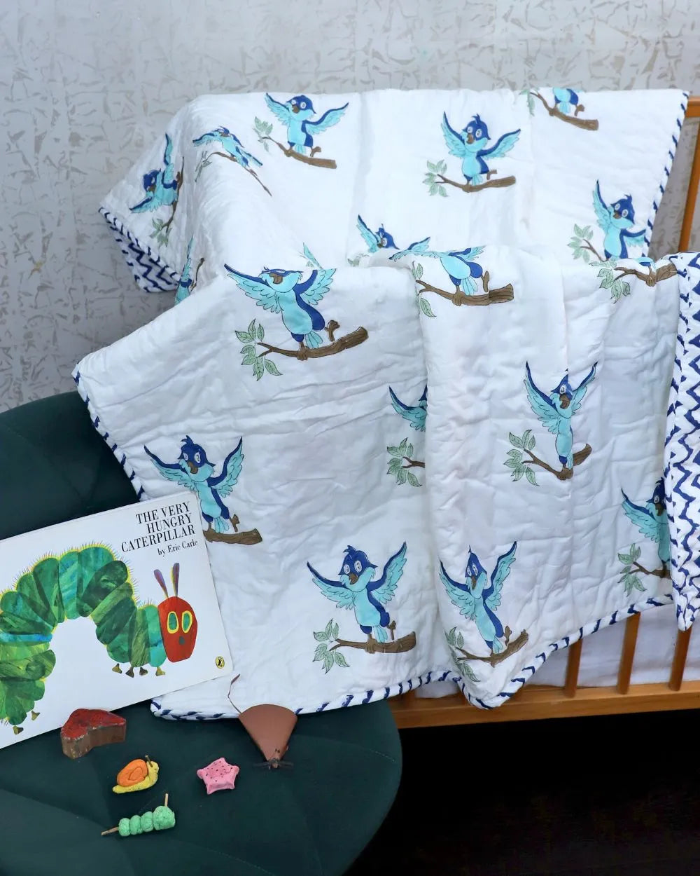 ARUSHII Cotton Reversible Kids Razai/ Quilt – Birdie – Handblocked by artisans