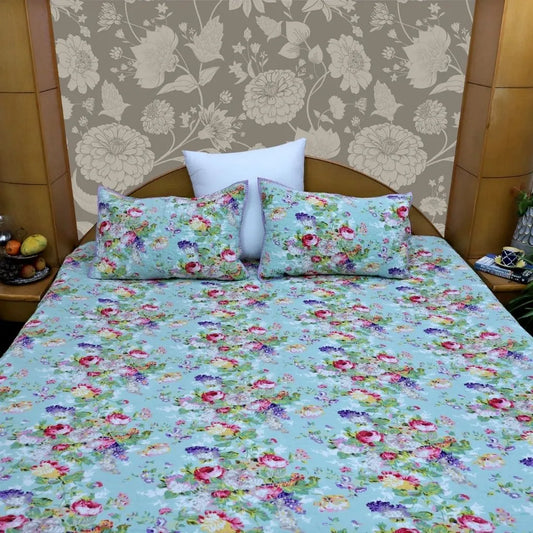 ARUSHII Premium quilted reversible bedcover in fine mulmul cotton -Green blossom- Handblocked by artisans