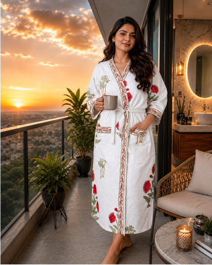 ARUSHII Handblocked Waffle cotton Bathrobes- Happy Poppy
