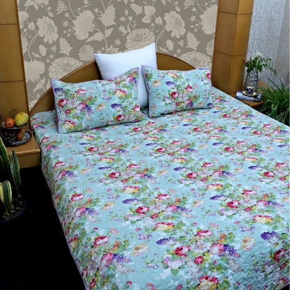 ARUSHII Premium quilted reversible bedcover in fine mulmul cotton -Green blossom- Handblocked by artisans