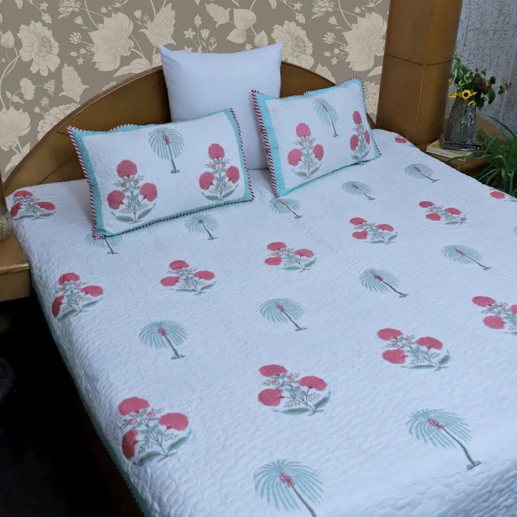 ARUSHII Premium quilted reversible bedcover in fine mulmul cotton – Anokhi- Handblocked by artisans