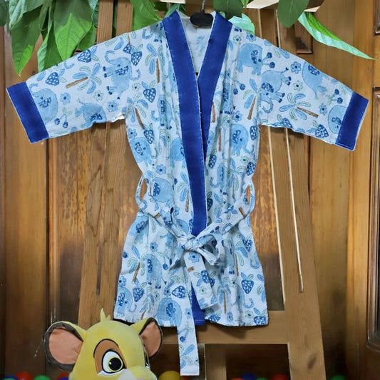 ARUSHII Cotton Unisex Bathrobe for Kids – Blue Elephant – Handblocked by artisans