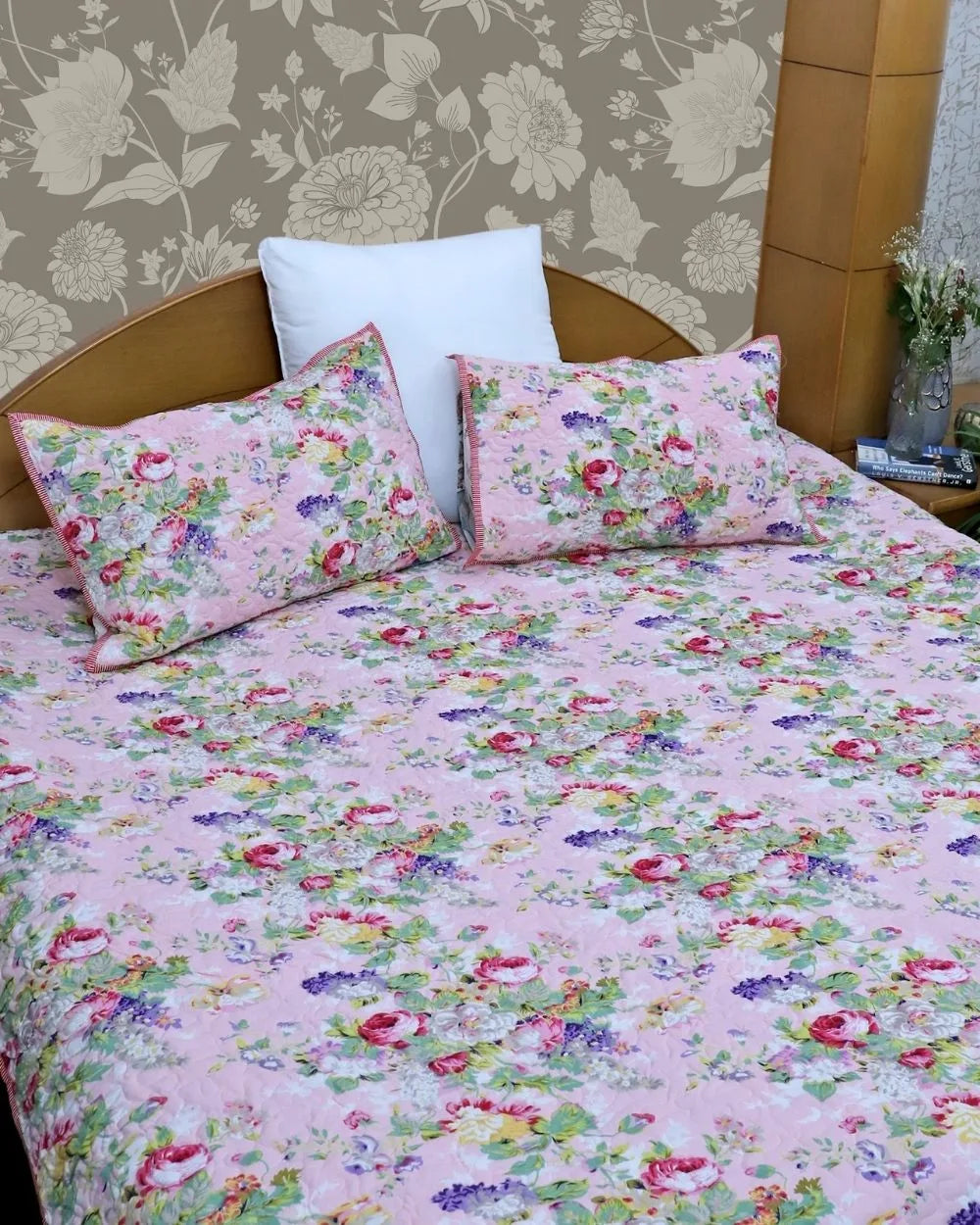 ARUSHII Premium quilted reversible bedcover in fine mulmul cotton – Pink Blossom -Handblocked by artisans