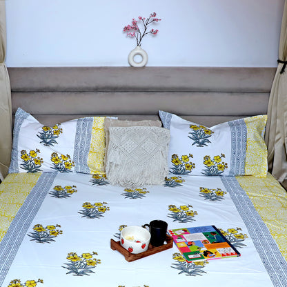 ARUSHII Double bedsheet in percale cotton – Sunshine- Handblocked by artisans