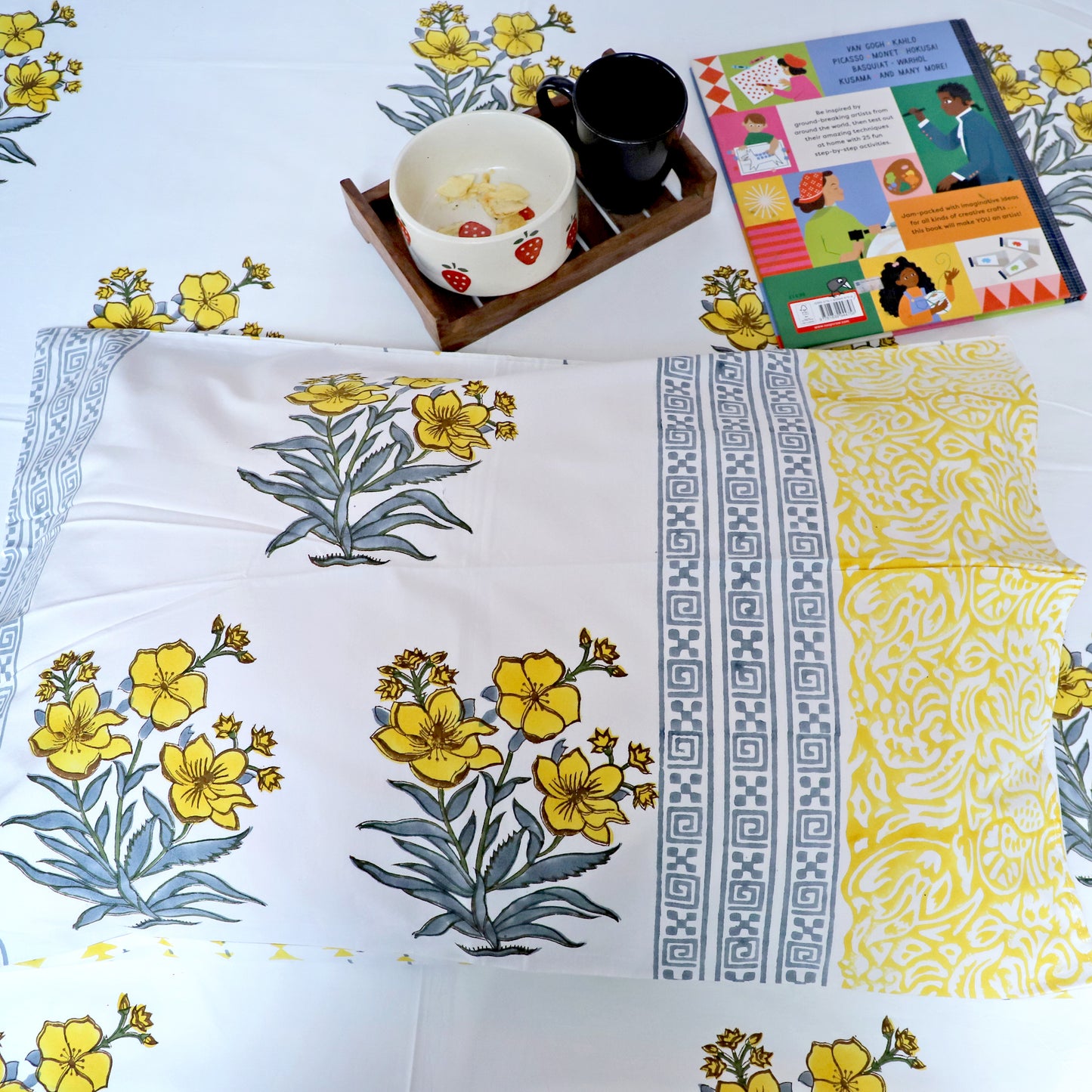 ARUSHII Double bedsheet in percale cotton – Sunshine- Handblocked by artisans