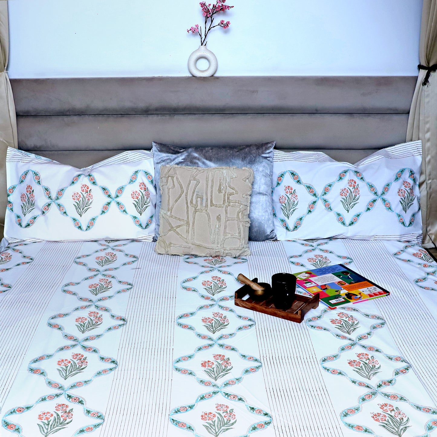 ARUSHII Double bedsheet in percale cotton – Heyday- Handblocked by artisans