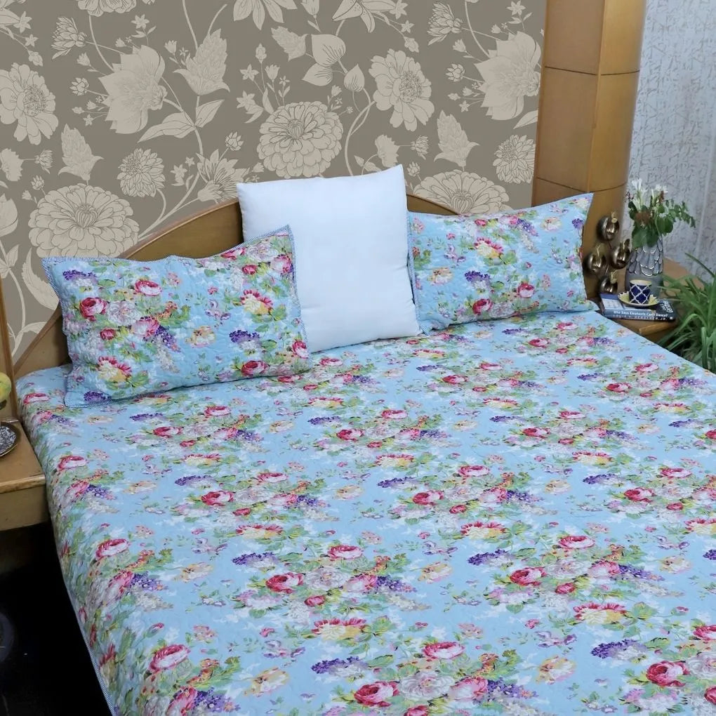 ARUSHII Premium quilted reversible bedcover in fine mulmul cotton – Blue Blossom- Handblocked by artisans