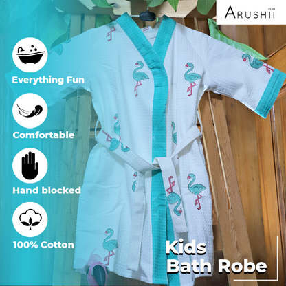 ARUSHII Cotton Unisex Bathrobe for Kids -flamingo- Handblocked by artisans