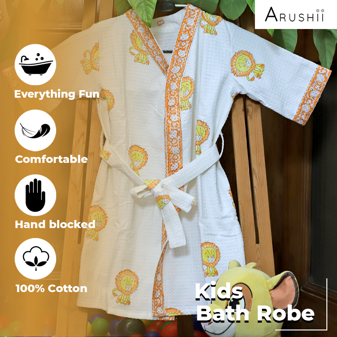 ARUSHII Cotton Unisex Bathrobe for Kids – Lion – Handblocked by artisans