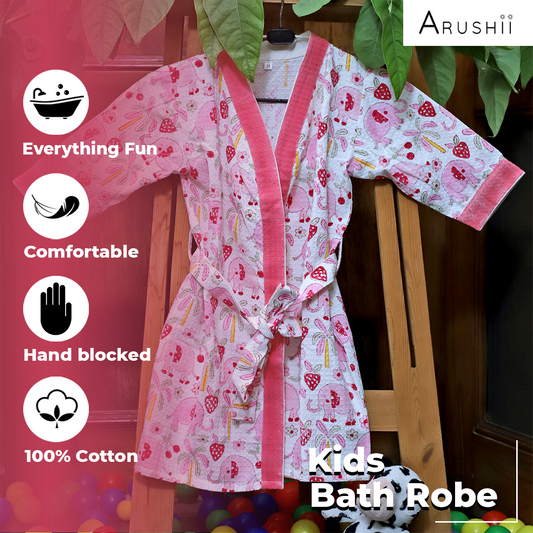 Cotton Unisex Bathrobe for Kids -Pink Elephant – Handblocked by artisans