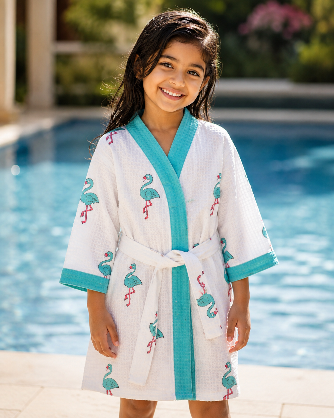 ARUSHII Cotton Unisex Bathrobe for Kids -flamingo- Handblocked by artisans