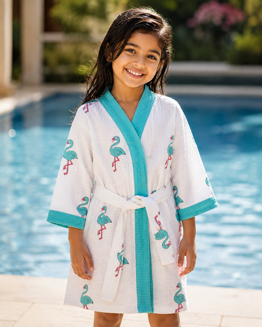 ARUSHII Cotton Unisex Bathrobe for Kids -flamingo- Handblocked by artisans