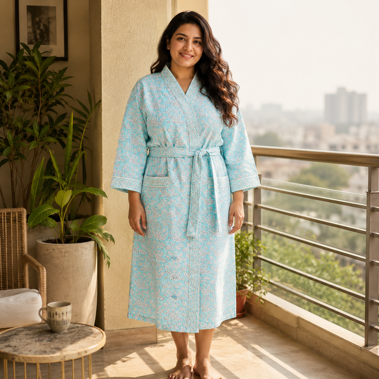 ARUSHII Handblocked Waffle cotton Bathrobes- Blue Skies