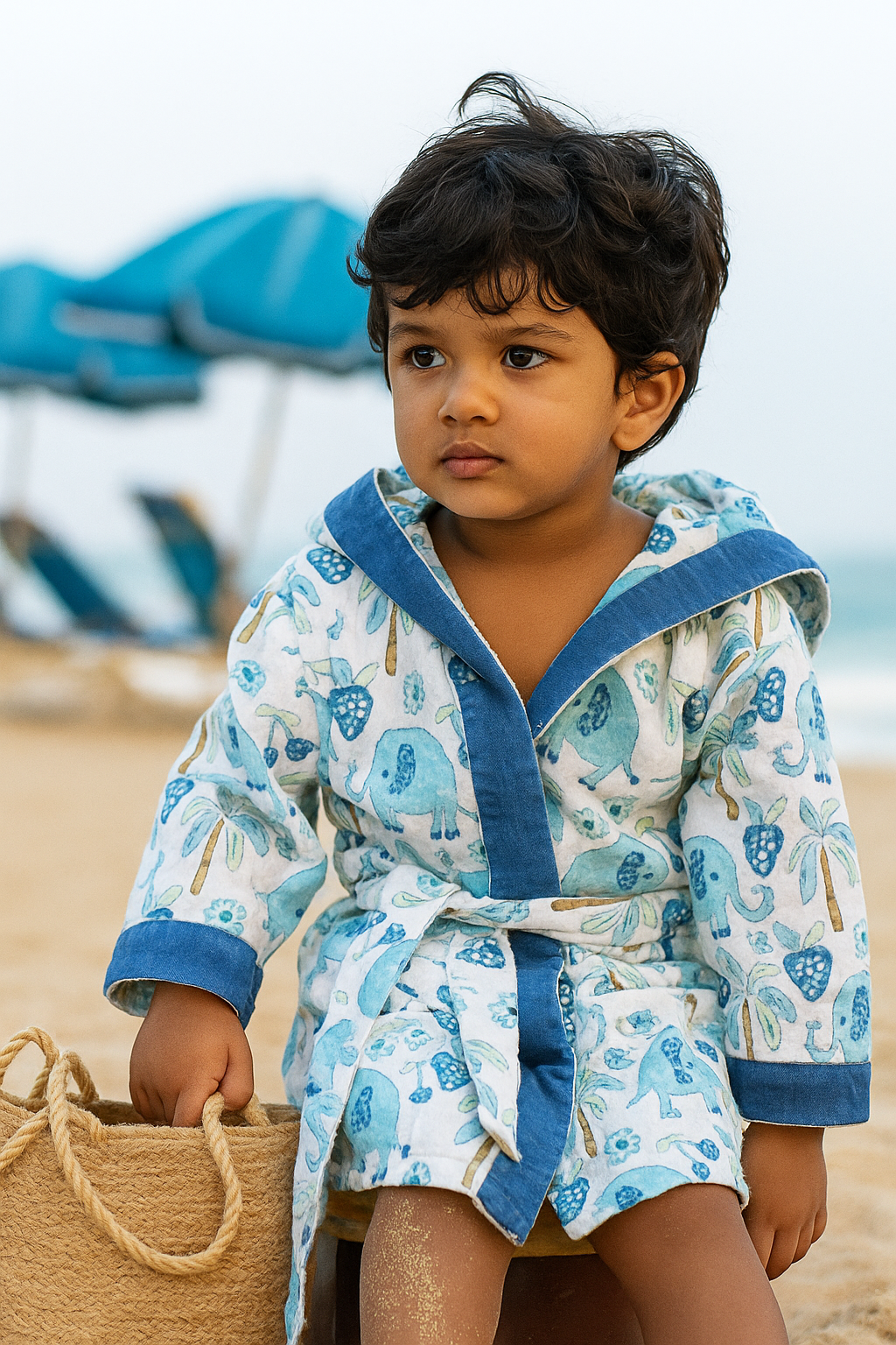ARUSHII Cotton Unisex Bathrobe for Kids – Blue Elephant – Handblocked by artisans