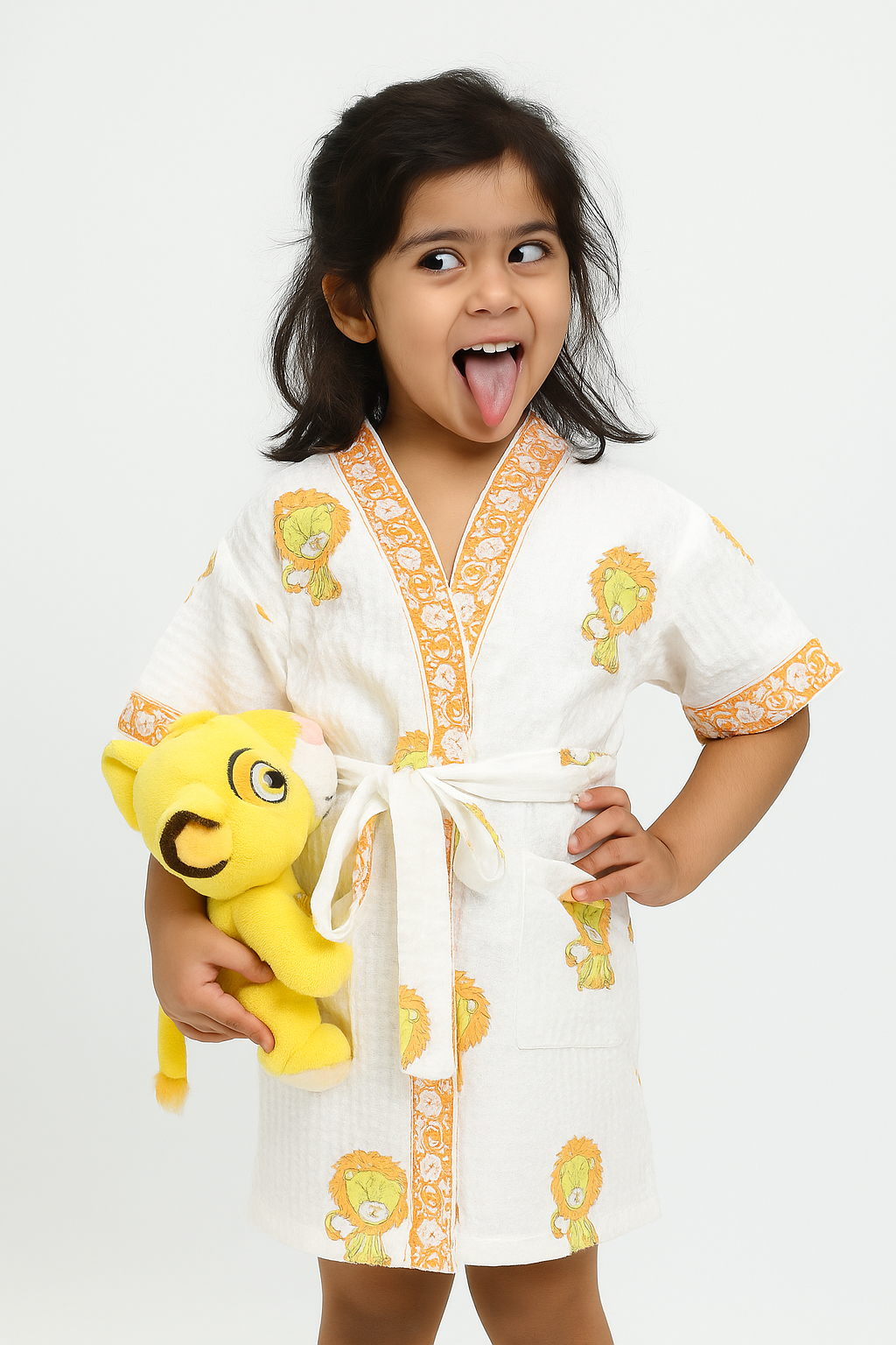 ARUSHII Cotton Unisex Bathrobe for Kids – Lion – Handblocked by artisans