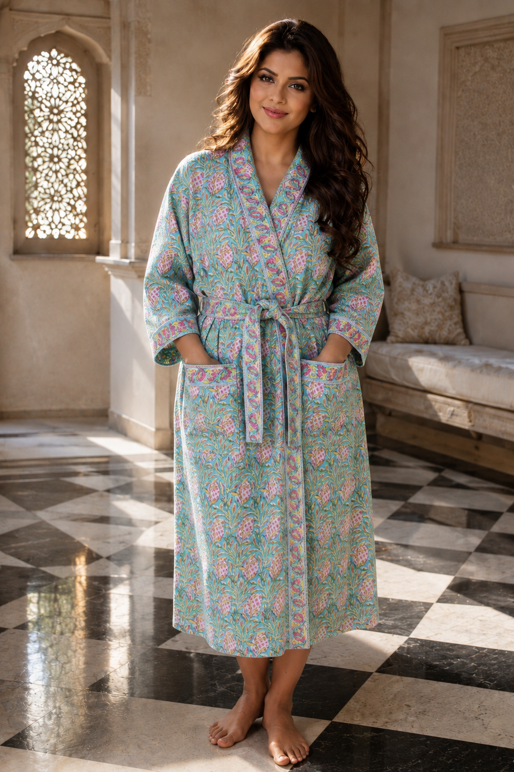 ARUSHII Handblocked Waffle cotton Bathrobes-Pineapple leaves