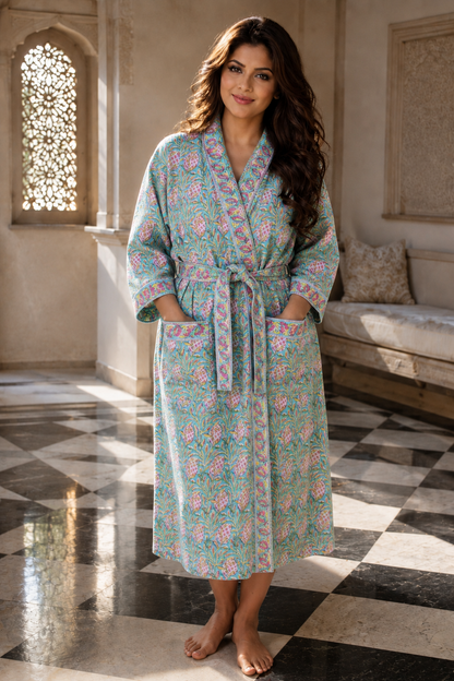 ARUSHII Handblocked Waffle cotton Bathrobes-Pineapple leaves
