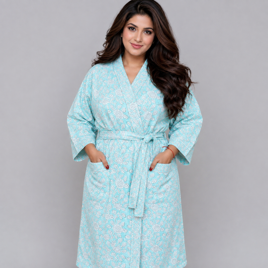 ARUSHII Handblocked Waffle cotton Bathrobes- Blue Skies