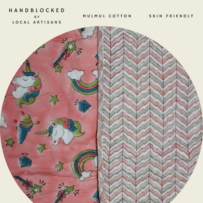 ARUSHII Cotton Reversible Kids Razai/ Quilt – UNICORN– Handblocked by artisans