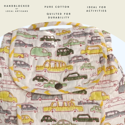 ARUSHII Cotton Quilted block printed by hands Kids Backpack Yellow cars Unisex picnic and evening activity bag