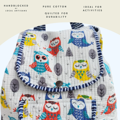 ARUSHII Cotton Quilted block printed by hands Kids Backpack Owl Unisex picnic and evening activity bag