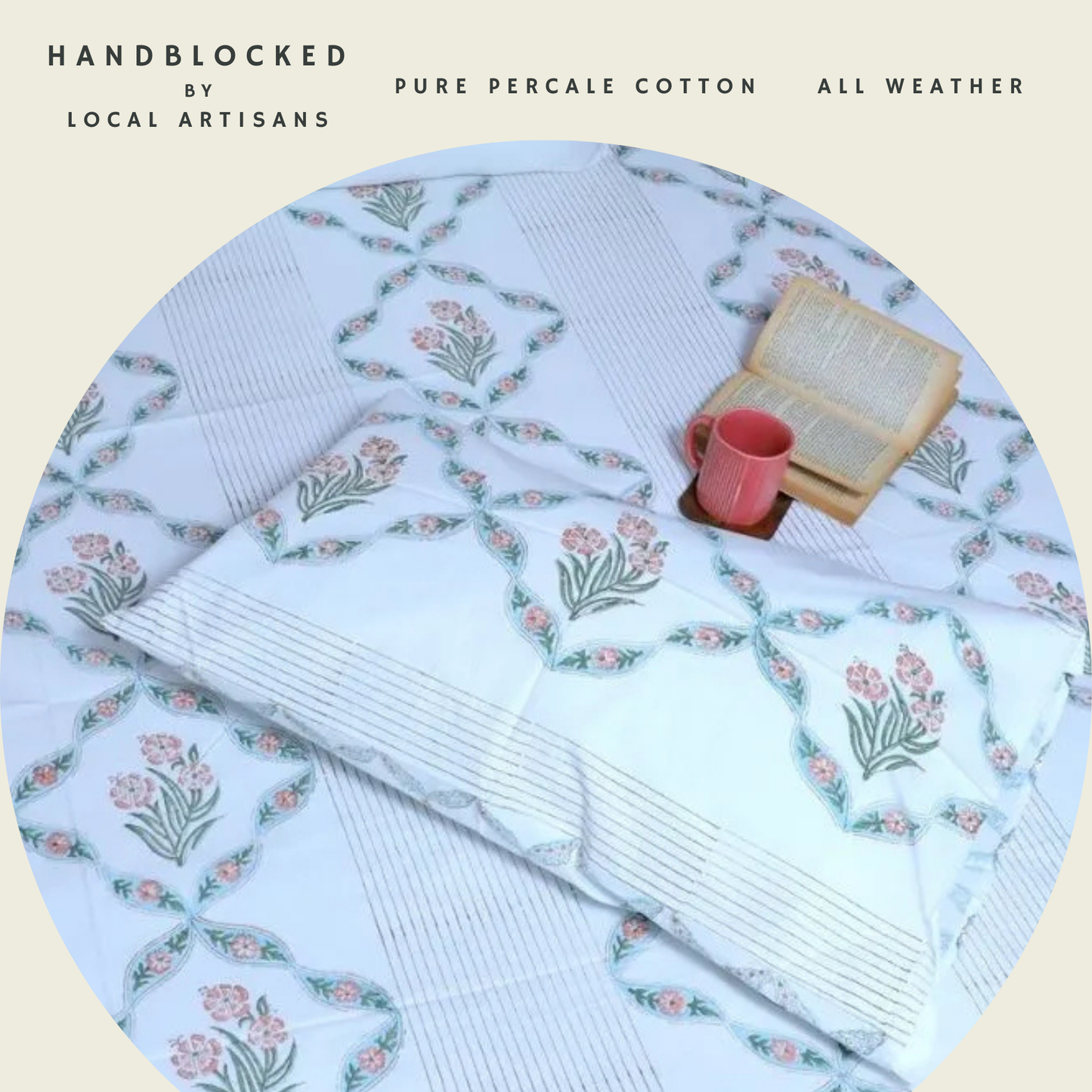 ARUSHII Double bedsheet in percale cotton – Heyday- Handblocked by artisans