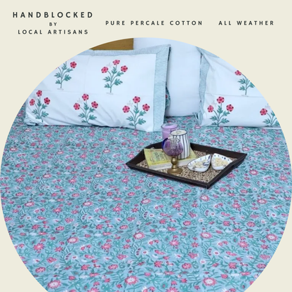 ARUSHII Double bedsheet in percale cotton – waterfall- Handblocked by artisans