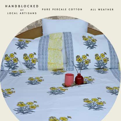 ARUSHII Double bedsheet in percale cotton – Sunshine- Handblocked by artisans