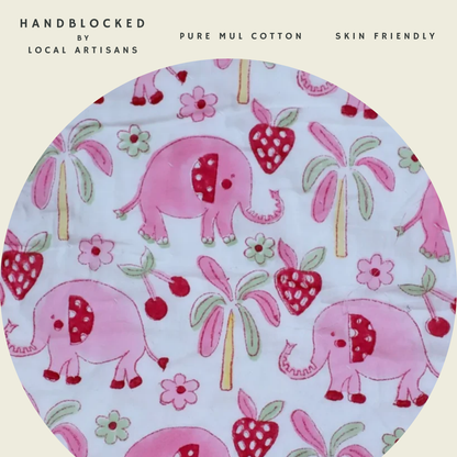 ARUSHII Cotton Reversible Kids Razai/ Quilt – Pink Elephant – Handblocked by artisans