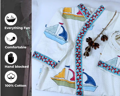 ARUSHII Cotton Unisex Bathrobe for Kids – Boat -Handblocked by artisans