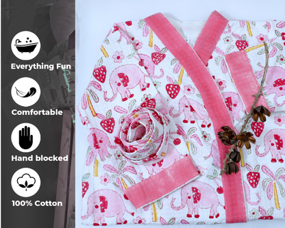 Cotton Unisex Bathrobe for Kids -Pink Elephant – Handblocked by artisans
