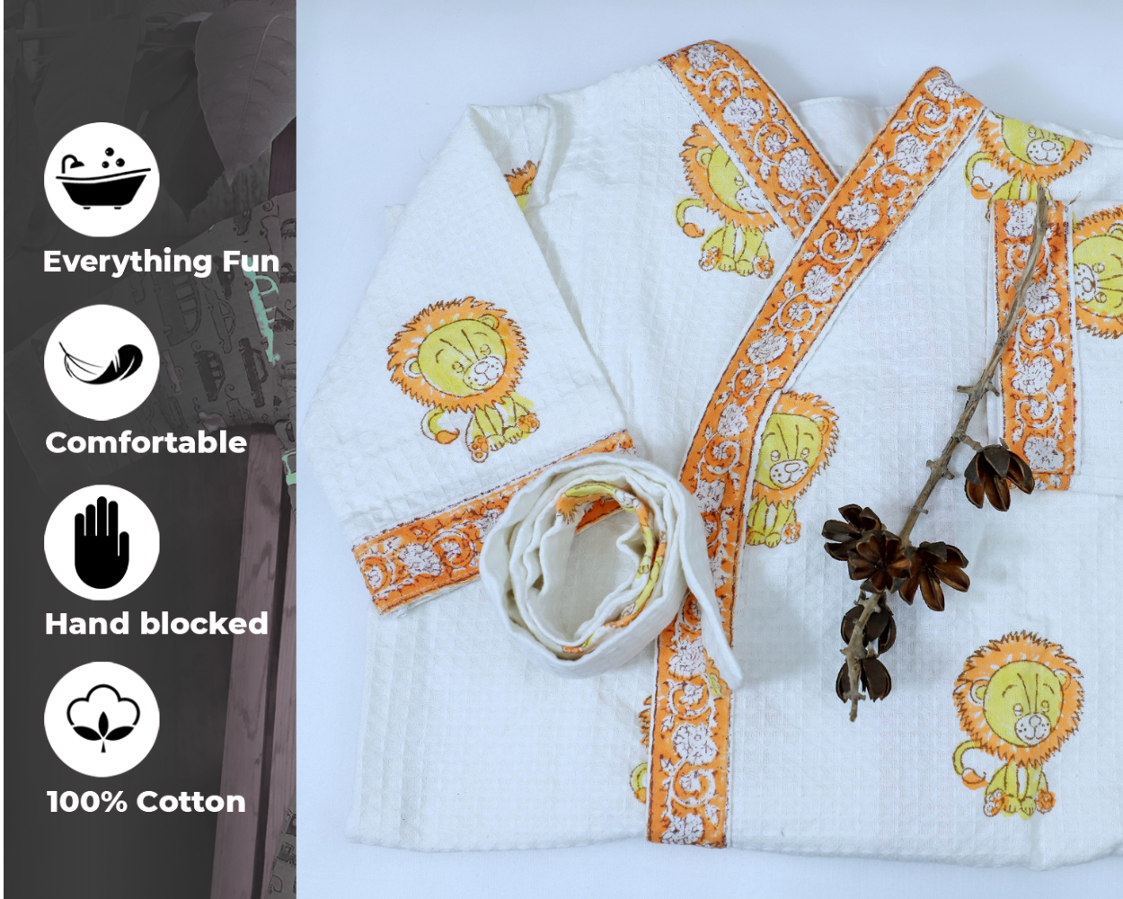 ARUSHII Cotton Unisex Bathrobe for Kids – Lion – Handblocked by artisans