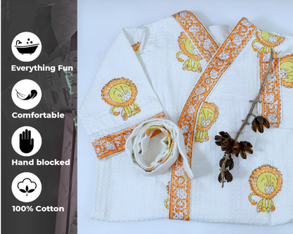 ARUSHII Cotton Unisex Bathrobe for Kids – Lion – Handblocked by artisans
