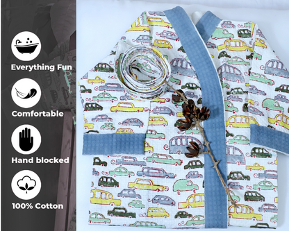 ARUSHII Cotton Unisex Bathrobe for Kids -Cars – Handblocked by artisans